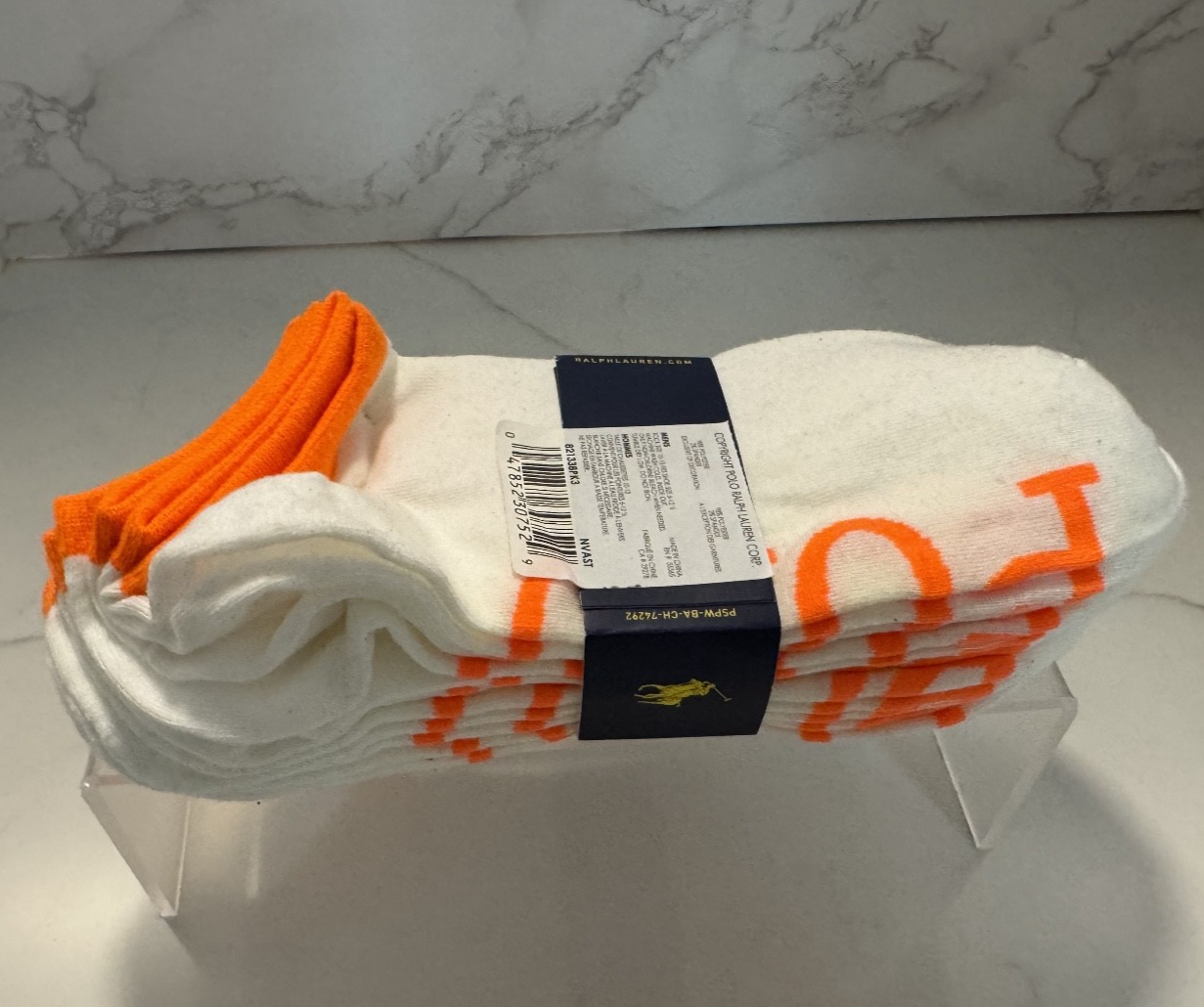Polo Ralph Lauren Classic Sport Men's Low Cut Socks Orange & White 6, Sz 6-12