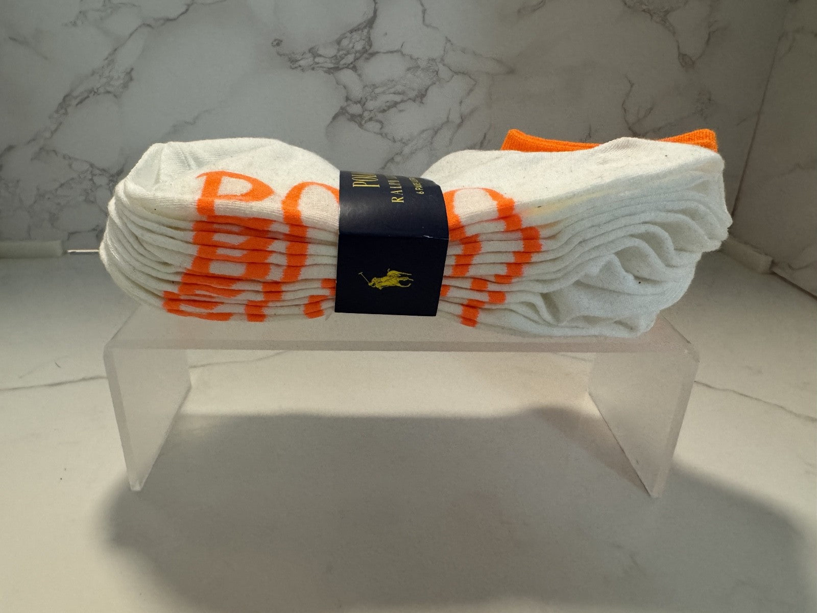 Polo Ralph Lauren Classic Sport Men's Low Cut Socks Orange & White 6, Sz 6-12