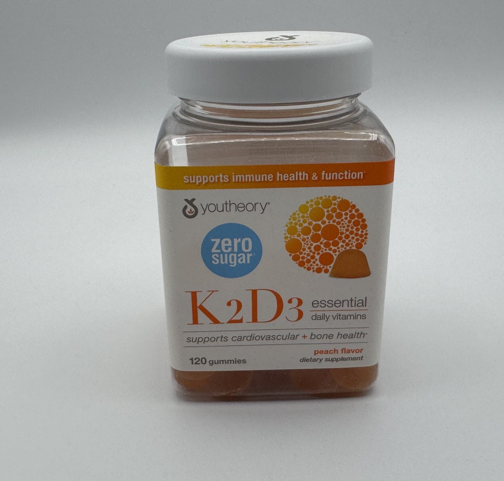 Youtheory K2D3 Essential Daily Vitamins Peach 60 Vegetarian Capsules Exp 08/2026