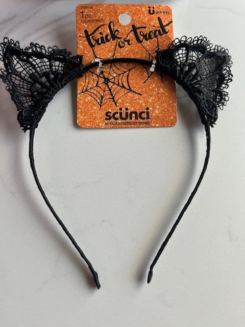 Scunci Halloween Lace Cat Ear Headband & 2 invisi bobble Scrunchie Black NWT