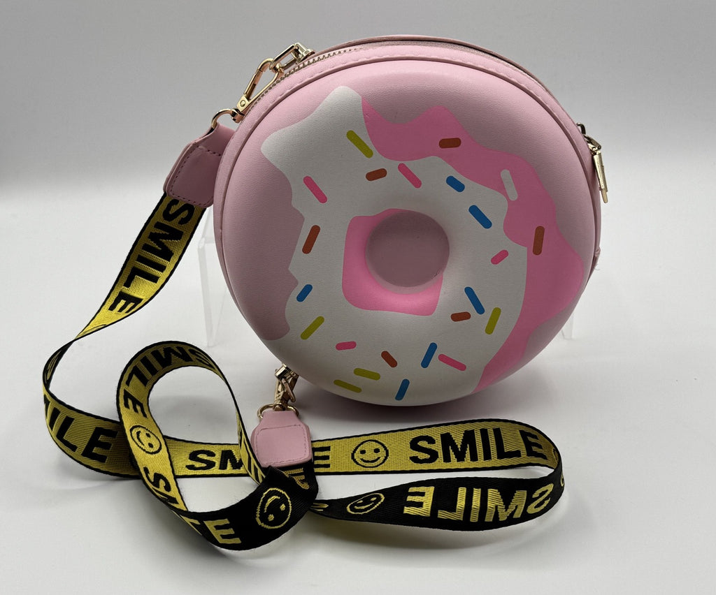 Novelty Donut Sprinkles Crossbody Bag, Pink & White w/ Smile Strap, Pre-owned