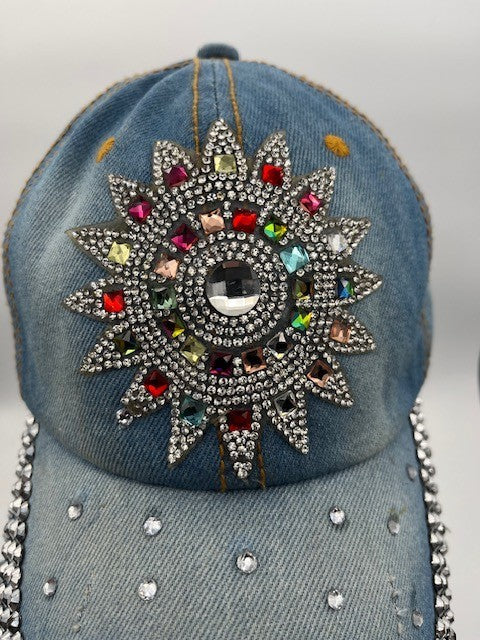 Bedazzled Denim Rhinestone, Size 4 Cap Adjustable Strap Hat 100% Cotton, Pre-own