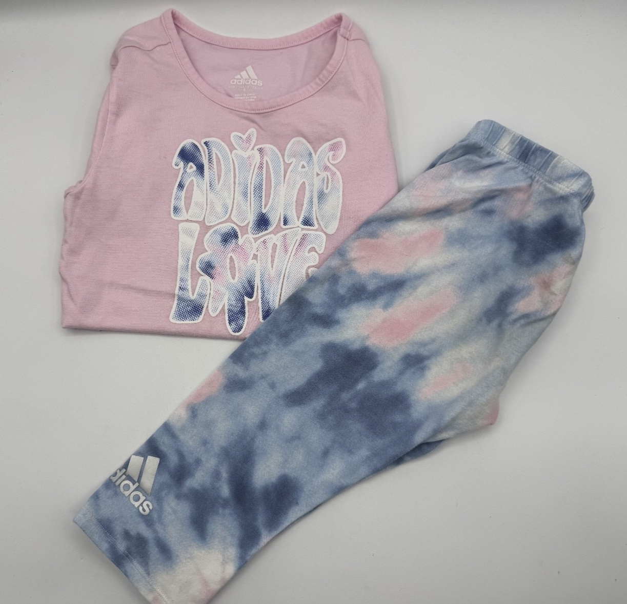 Adidas Love Girls Pink Shirt and Tie Dye Leggings, Size 6, pre-owned