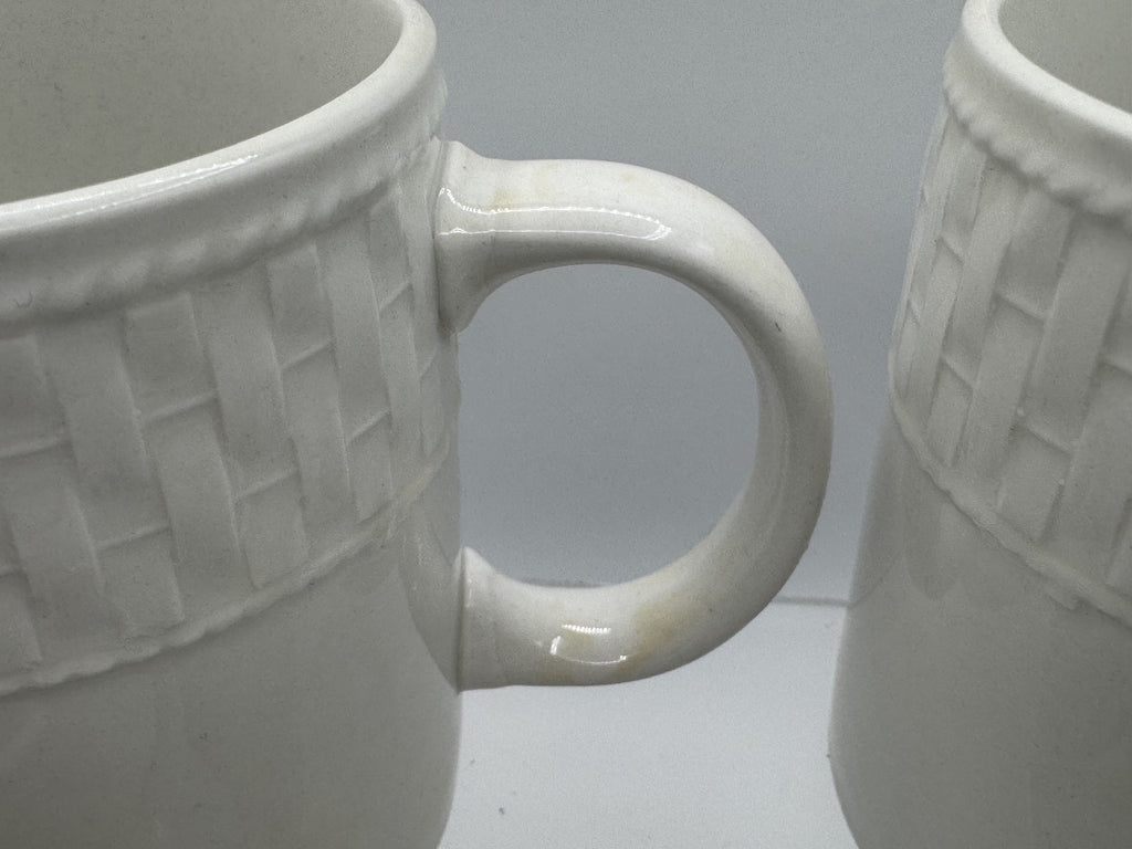 4- Vintage Waverly Mugs Fine White Porcelain Basket Weave Pattern Pre-owned