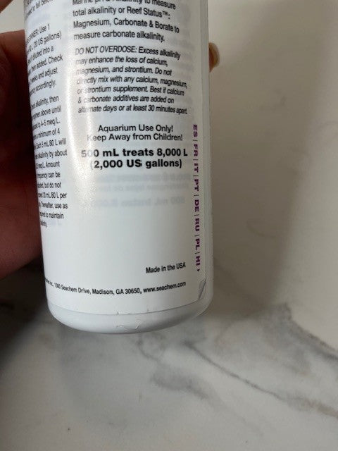 Seachem Reef Carbonate 500mL Concentrated Liquid Raises Carbonate Alkalinity KH