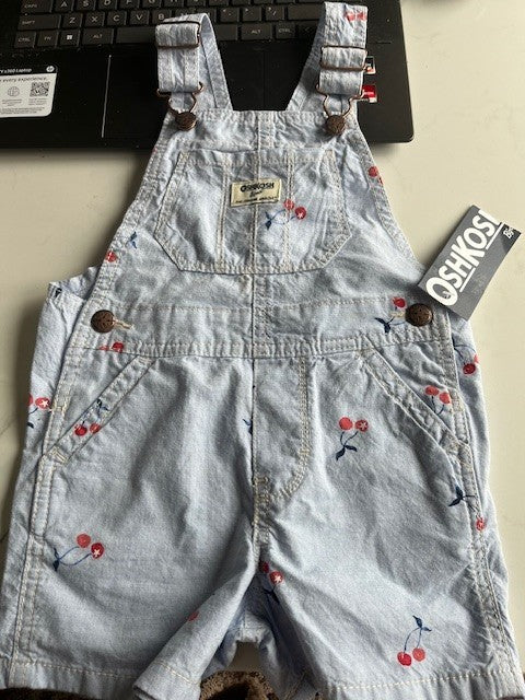 OshKosh B’Gosh Overalls Shortalls Baby/Kid Size 2T Light Blue W/Red Cherries NWT