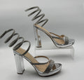 Wild Diva Lounge Spiral Rhinestone Strappy Ankle Chunky Block Heels - Silver