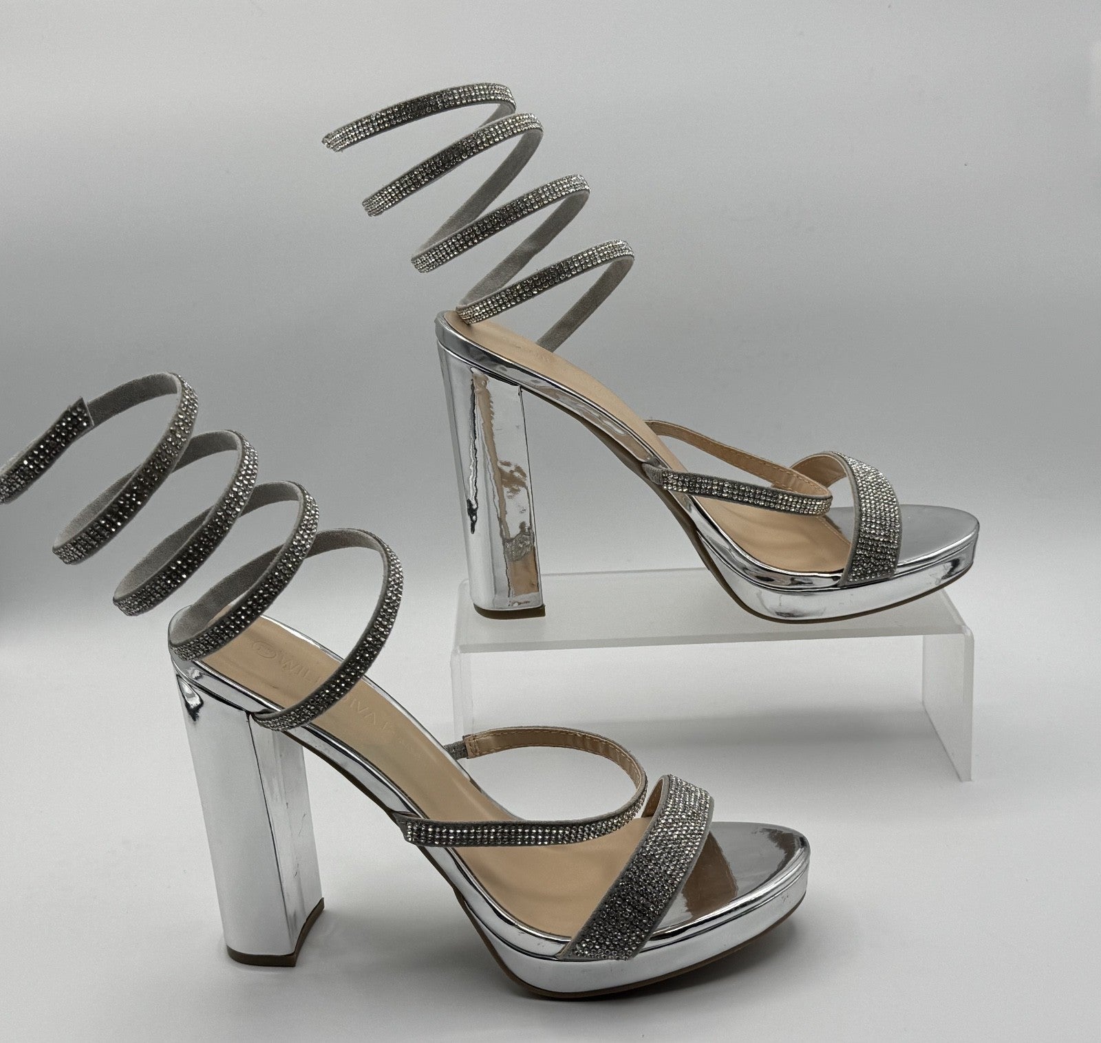 Wild Diva Lounge Spiral Rhinestone Strappy Ankle Chunky Block Heels - Silver