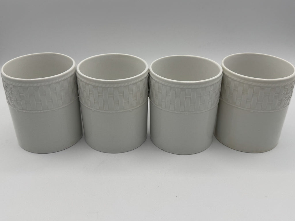 4- Vintage Waverly Mugs Fine White Porcelain Basket Weave Pattern Pre-owned