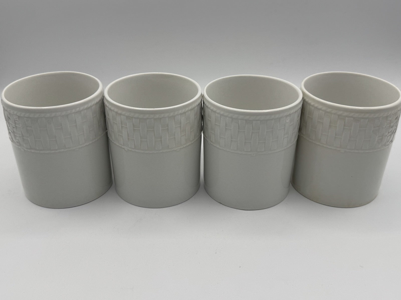 4- Vintage Waverly Mugs Fine White Porcelain Basket Weave Pattern Pre-owned