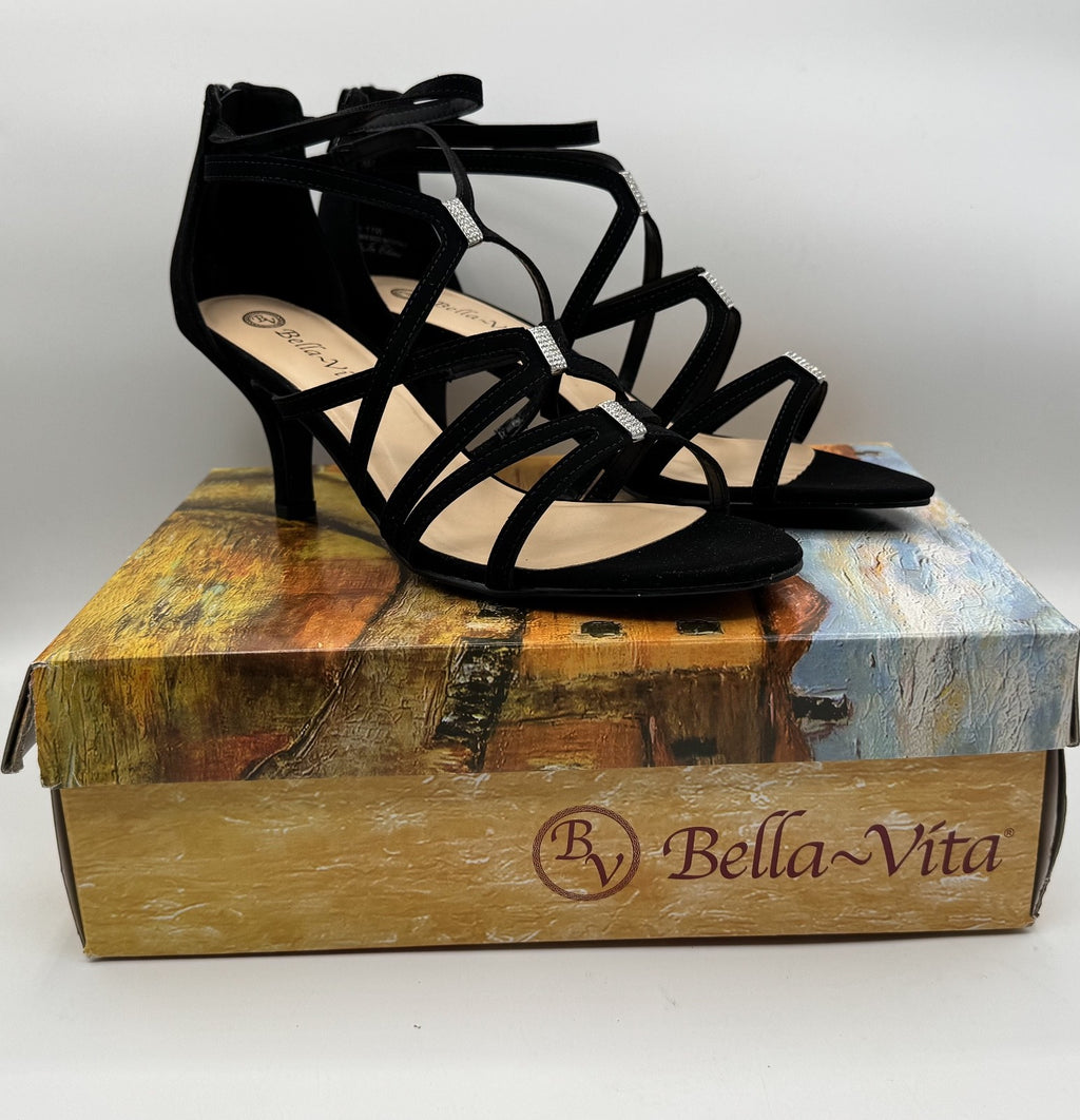 Bella Vita 11 Wide Width Black Strappy Heels Rhinestone Karlette Shoes. NIB