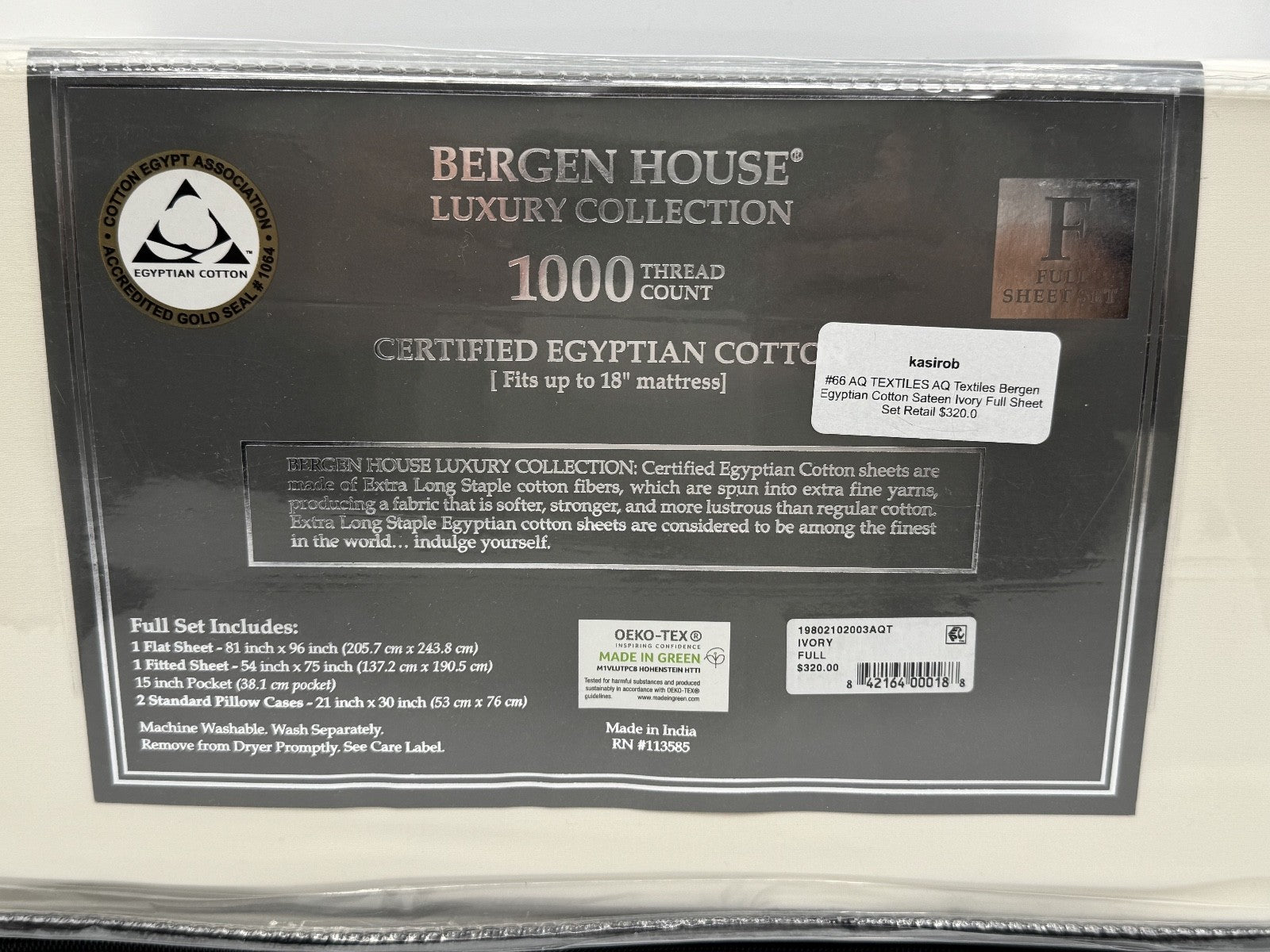 Bergen House Full Sheet Set 1000TC Egyptian Cotton Sateen Ivory Luxury Brand New