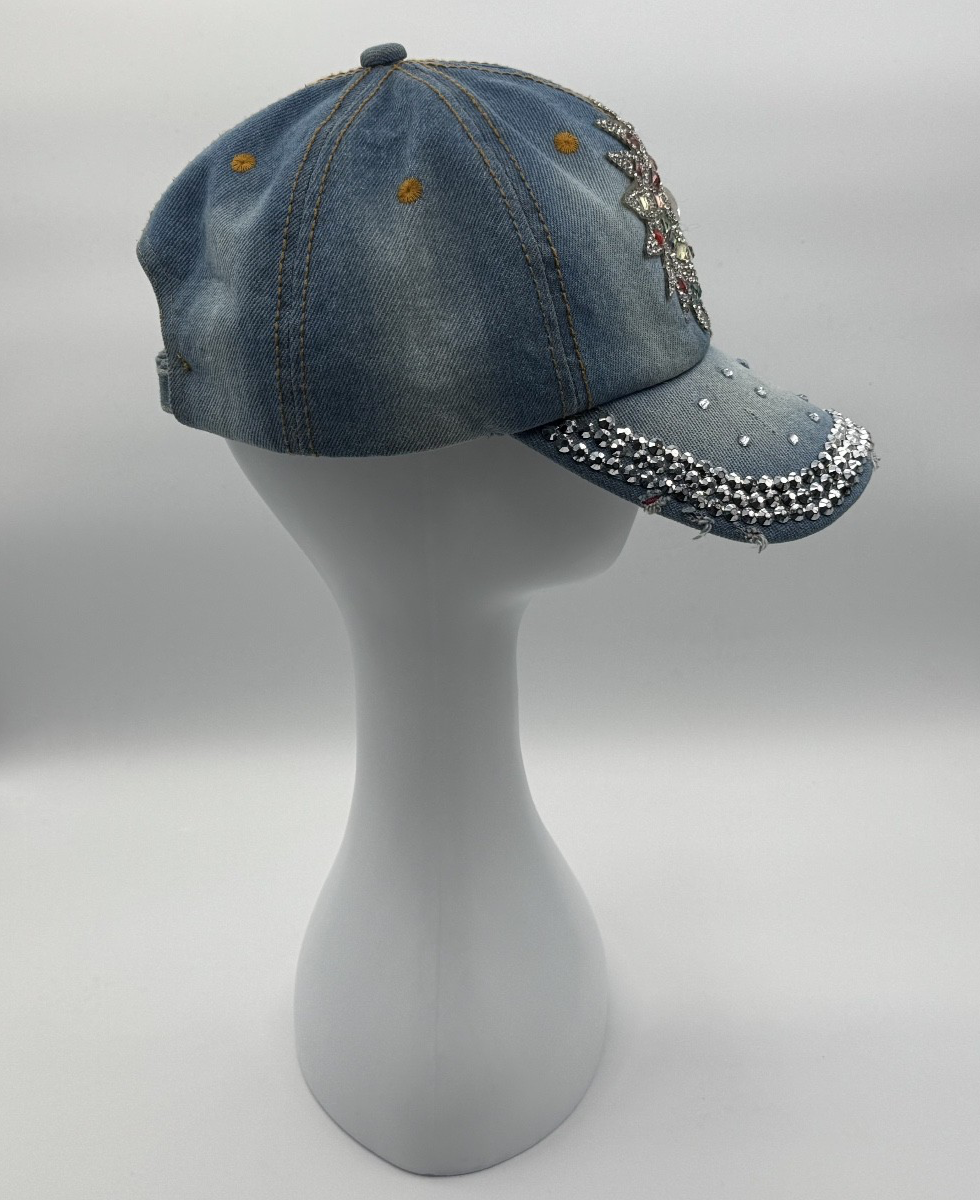 Bedazzled Denim Rhinestone, Size 4 Cap Adjustable Strap Hat 100% Cotton, Pre-own