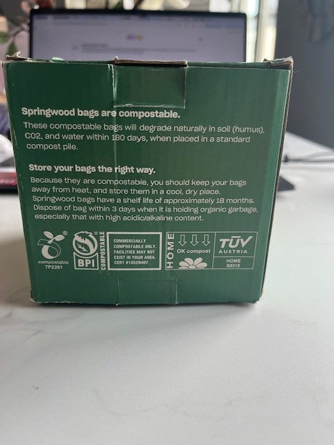 Springwood Compostable TRASH Bags 2.6 Gallon 100-Count 2.6 gal. Green Bags, NIB