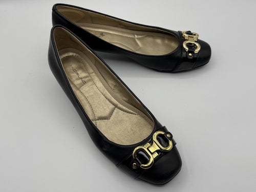 Bandolino Black Leather Heel Loafer, Gold Buckle, Size 8 1/2M, Slip-on,Pre-owned