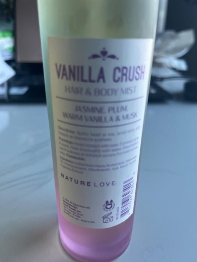 NATURE LOVE 6oz Vanilla Crush Hair & Body Mist , Jasmine, Plum, Musk New NO Cap