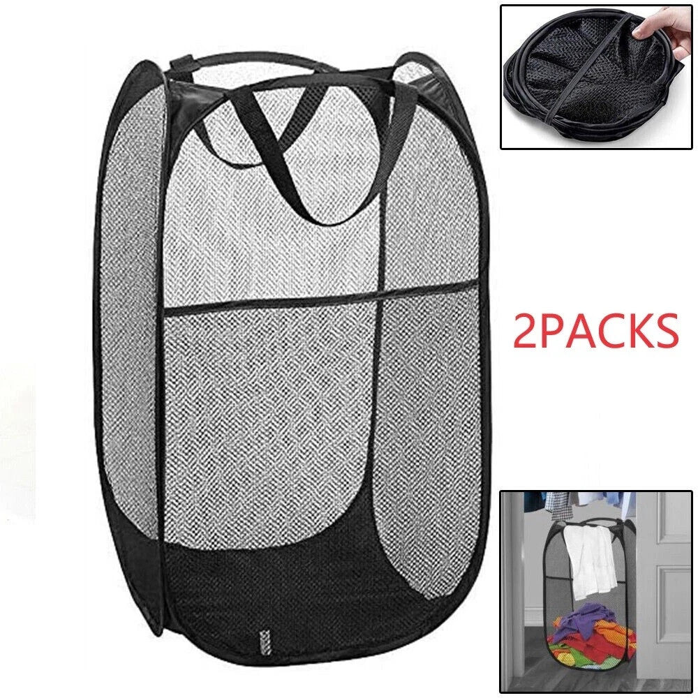 2 Packs Collapsible Pop up Laundry Bag Foldable Hamper Large Mesh Clothes Basket