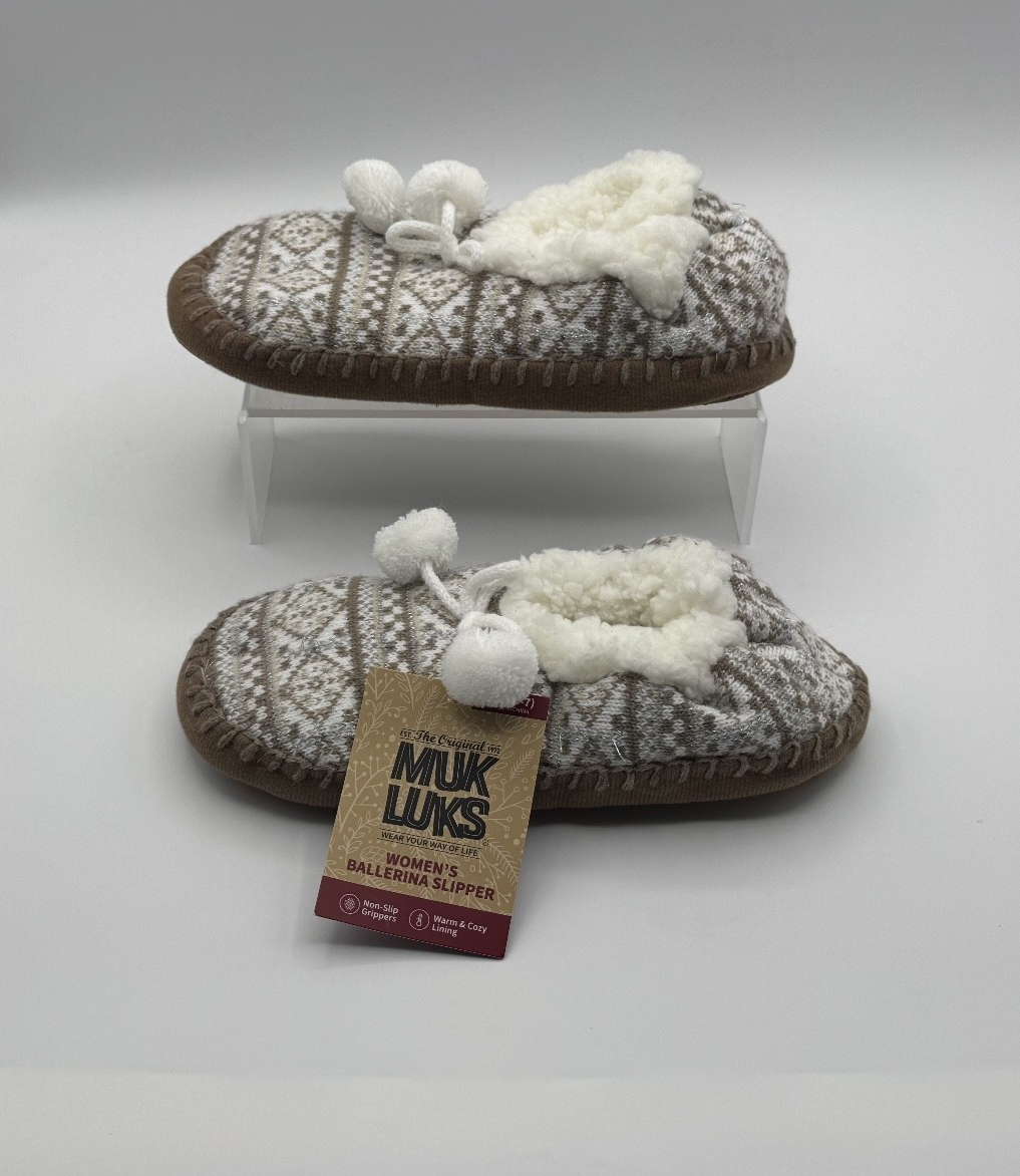 Muk Luks Women's Ballerina Warm & Cozy Slipper, White/Tan, S/M Size 5-7, New