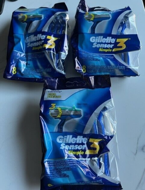 3 pk- Gillette Sensor 3 Simple Disposable Razor Blades Shavers, 24 total blades