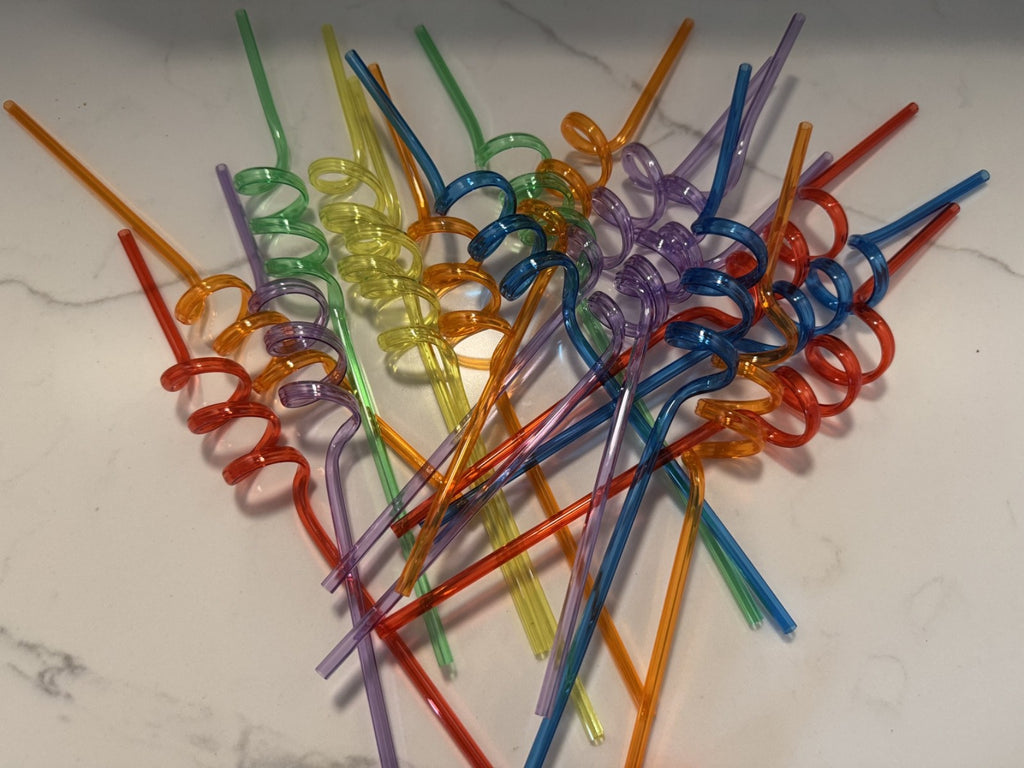 18 Pcs Silly Crazy Straws for Kids Reusable Plastic Loop Curly w/Ninja Toppers