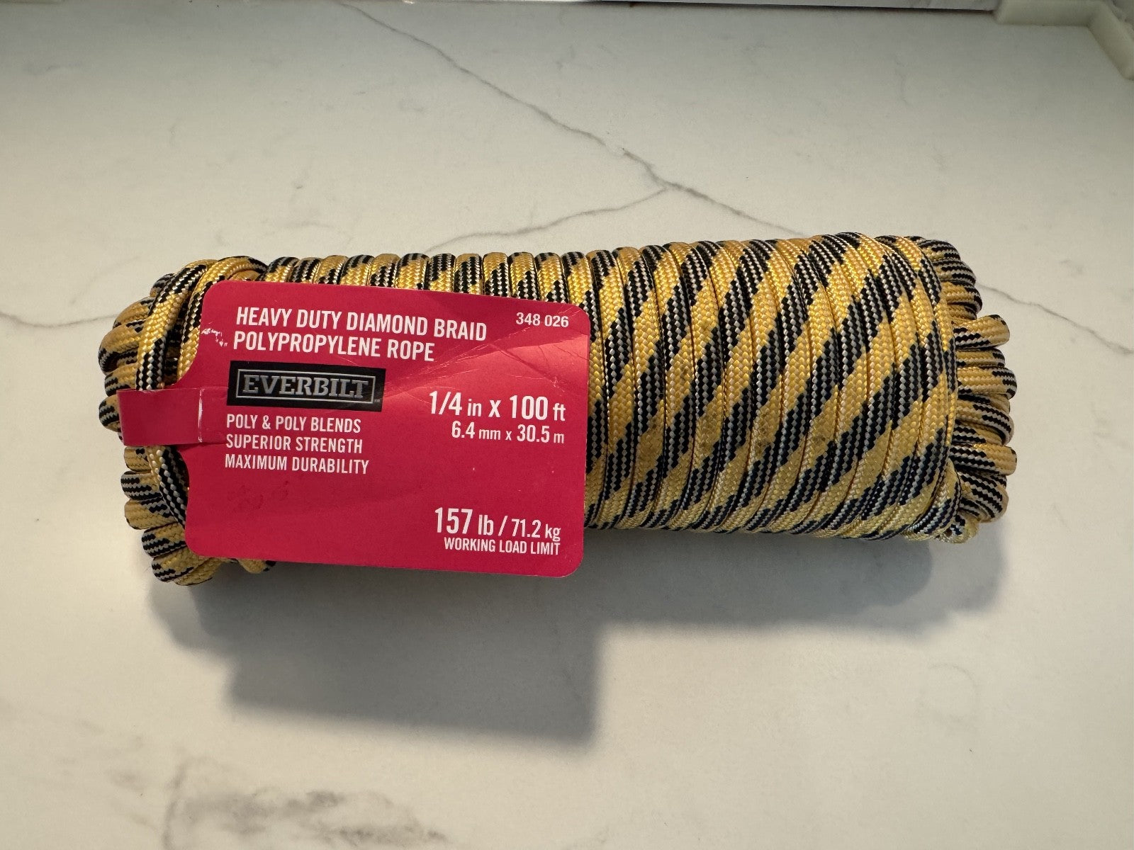 Everbilt 1/4" x 100' Heavy Duty Diamond Braid Polypropylene Rope 157 Lb, NEW