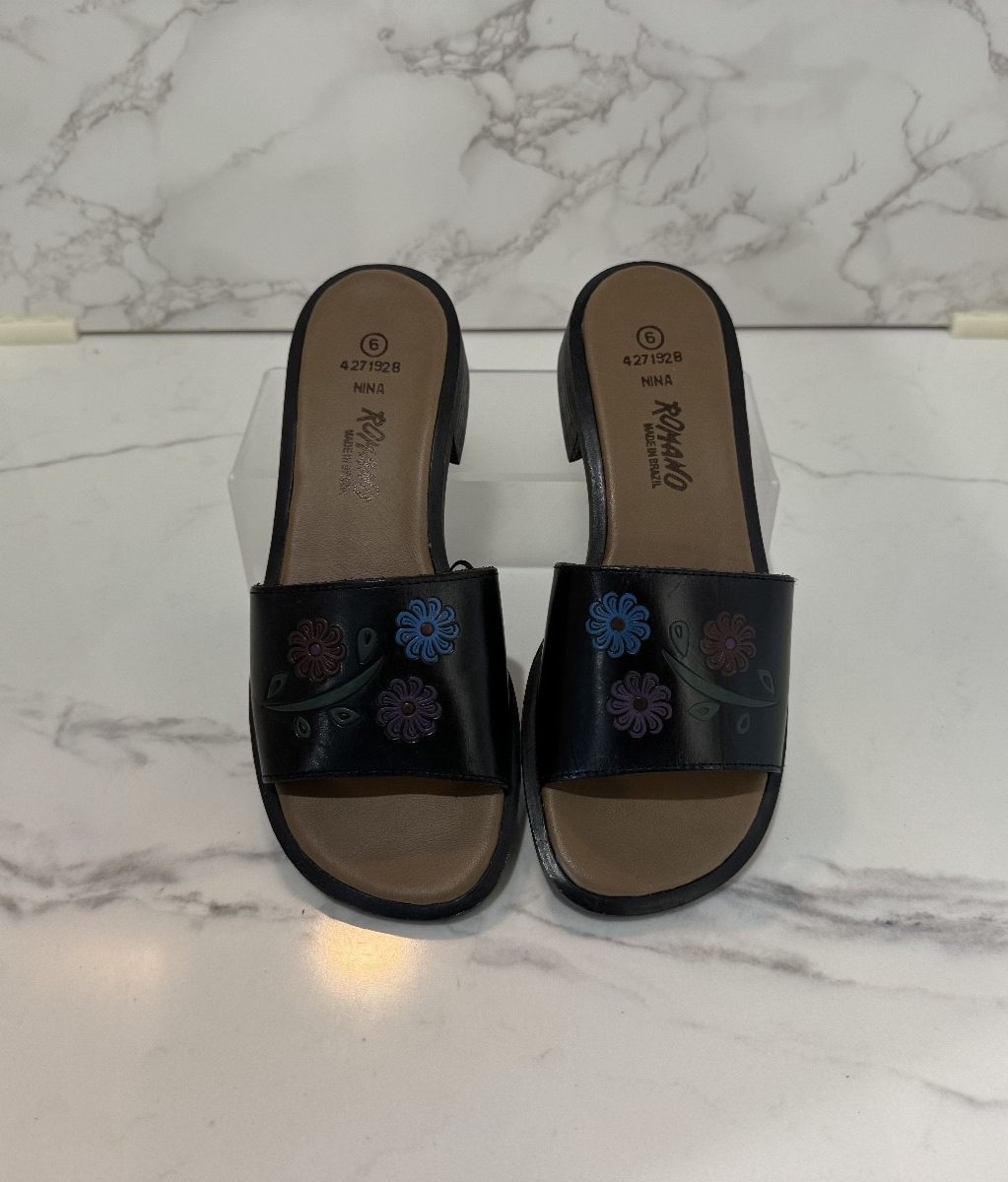 Romano Leather Women's Slide-in Sandals Black Floral "Nina" Made in Brazil Sz. 6