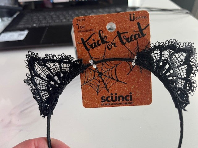 Scunci Halloween Lace Cat Ear Headband & 2 invisi bobble Scrunchie Black NWT