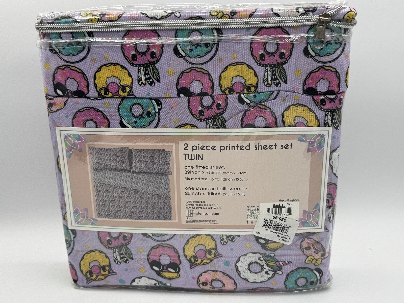 Lulu & Coco 2 Piece Printed Sheet Set Twin Size, Donuts, Multicolor, Bedding NEW