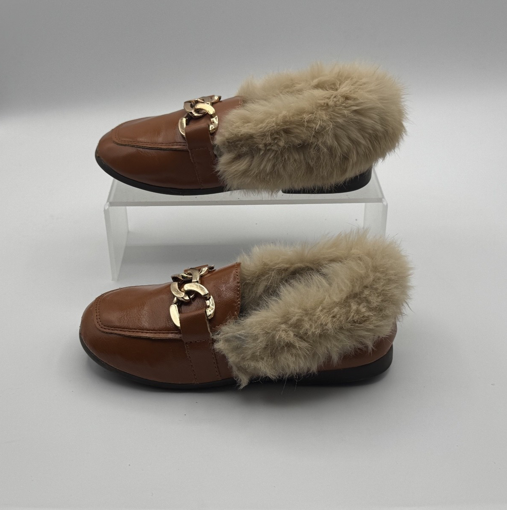 Real Fur Faux Leather Luggage Brown Loafers Girls KidsGold Chain