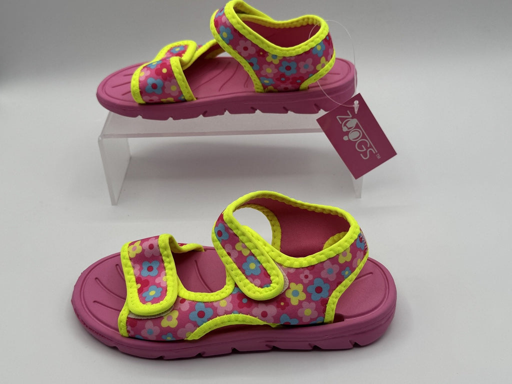 Zoogs Girls Sandals Pink, Yellow, Blue Flowers, W/Strap Closure Sz 13, SOFT, NEW