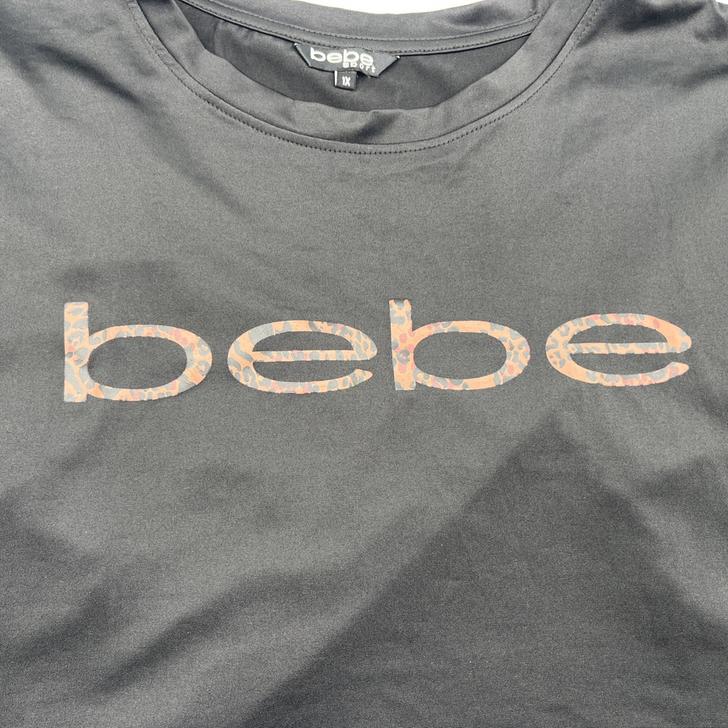 bebe Sport Women Size 1X Shirt Black with Leopard Design Logo, Light Pre-owned