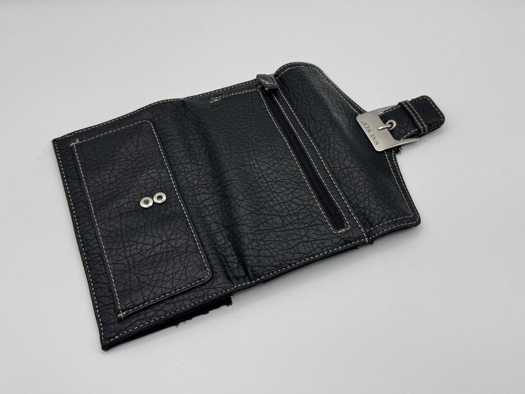 Nine West Women's Black Leather Wallet Trifold Clutch Purse w. Buckle & Zipper