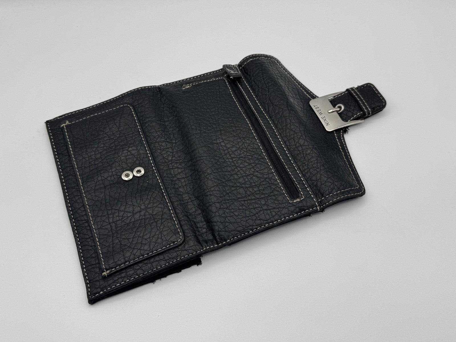Nine West Women's Black Leather Wallet Trifold Clutch Purse w. Buckle & Zipper