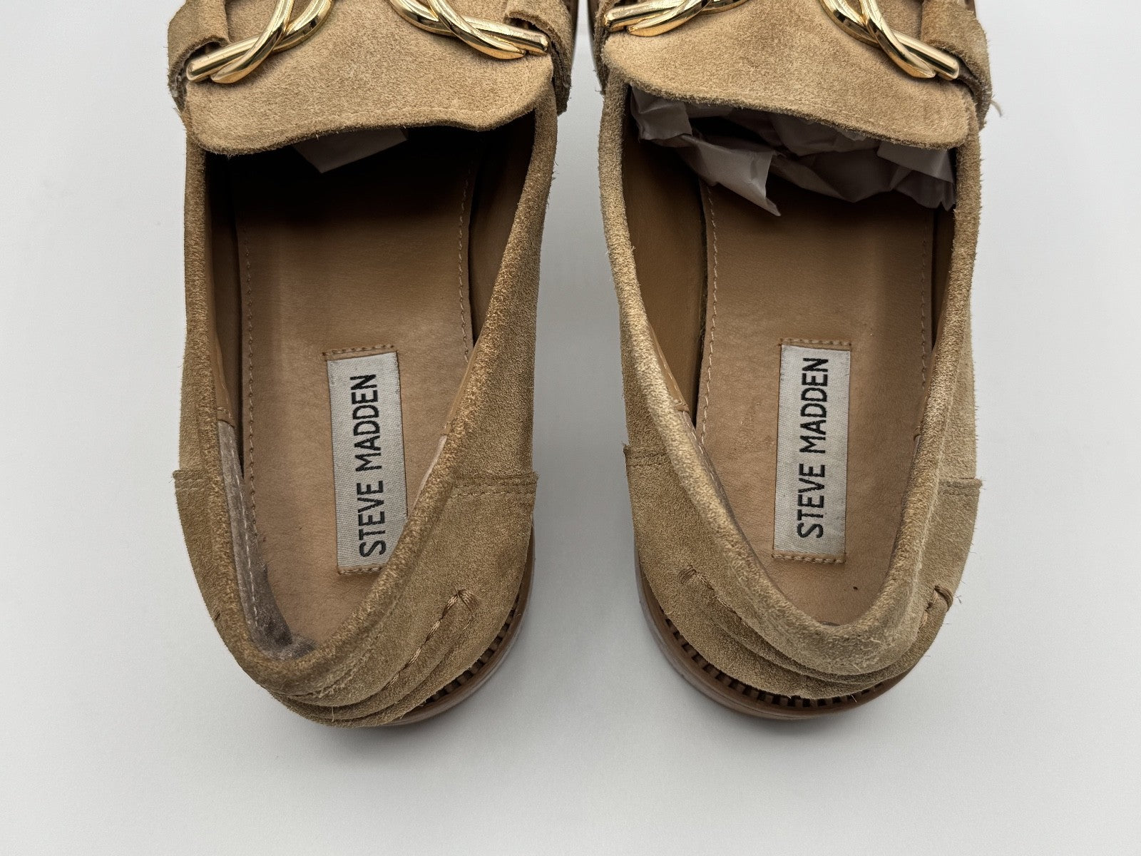 Steve Madden Kalon Tan Suede Loafer Woman's Size 8M, Slip-on w/Chain, Pre-owned