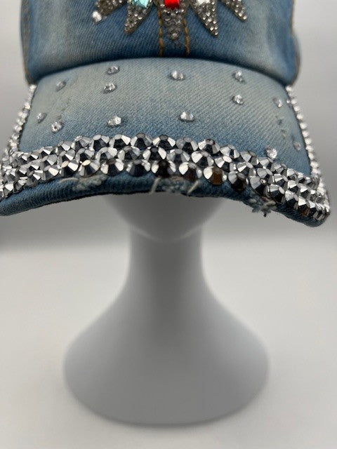Bedazzled Denim Rhinestone, Size 4 Cap Adjustable Strap Hat 100% Cotton, Pre-own
