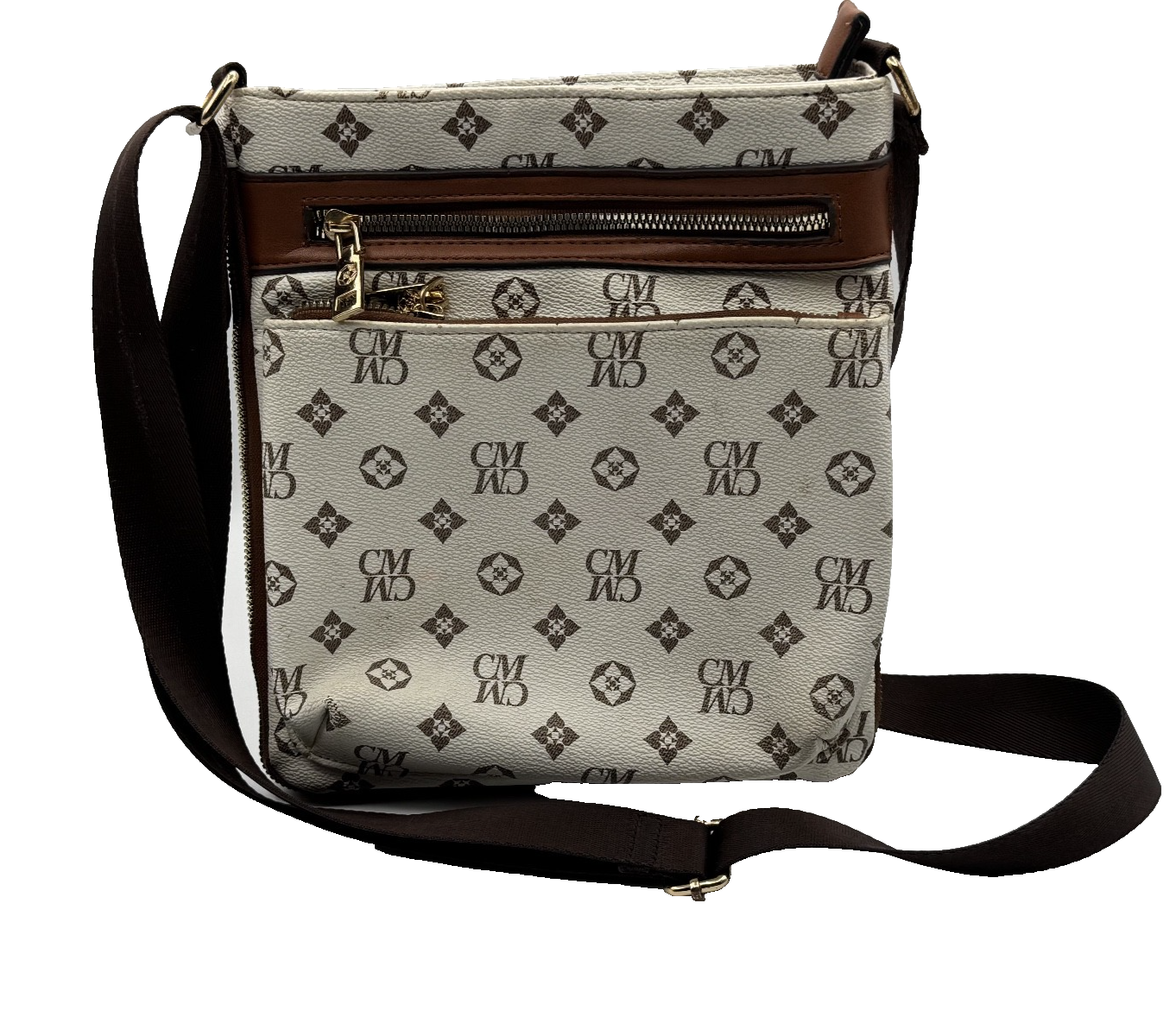 CM Monogram Crossbody White & Brown Vegan Leather Purse Handbag
