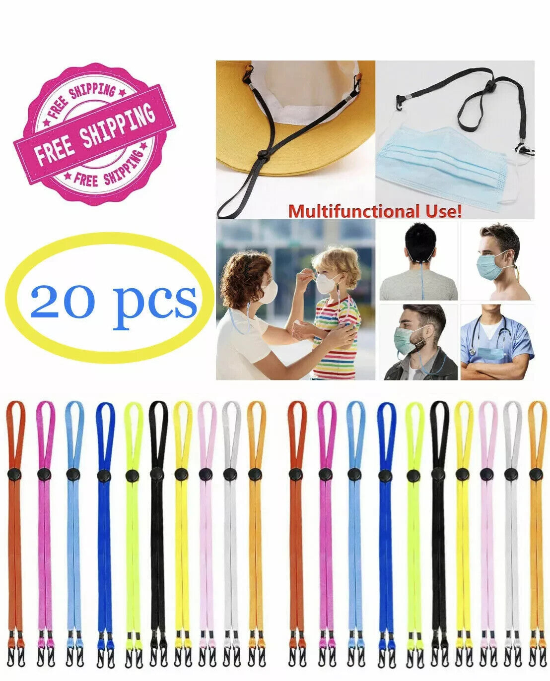 20 Pc. Adjustable Face Mask & Glasses Lanyard Strap Extender W/Clips Multi Color