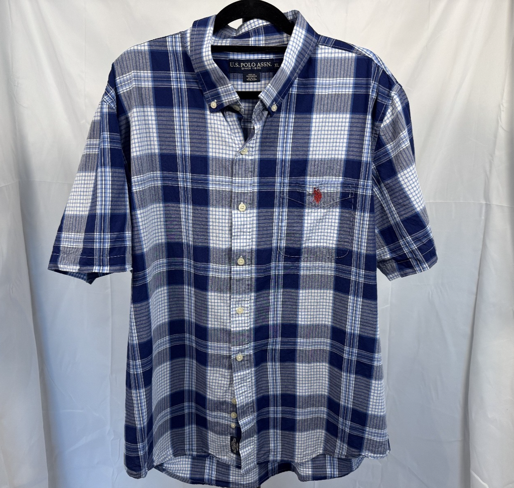 US Polo Assn. Men's Plaid Button Up Shirt Short Sleeve Size XL Blue and White