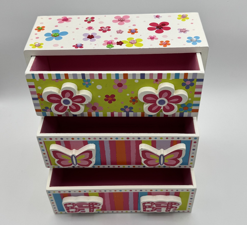 Bead Bazaar Girls 3-Drawer Wooden Jewelry/Storage Box Hearts Butterflies Flowers