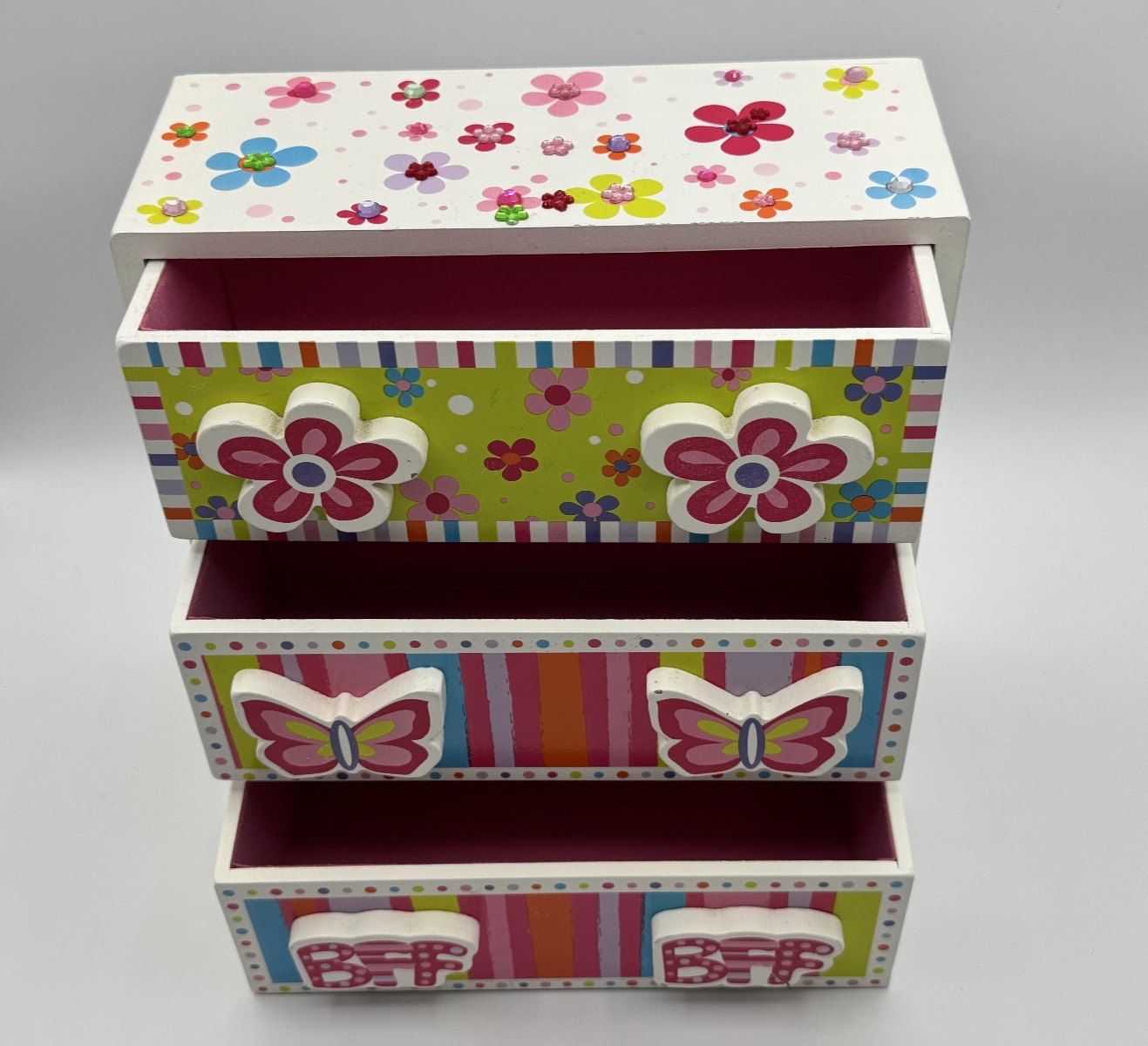 Bead Bazaar Girls 3-Drawer Wooden Jewelry/Storage Box Hearts Butterflies Flowers