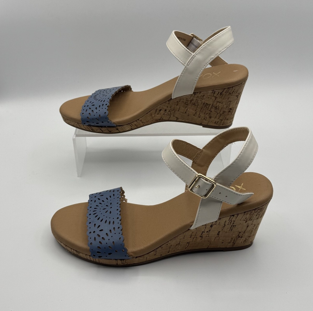 XOXO Woman's Wedge Sandal, Blue, White, Tan, Size 8M