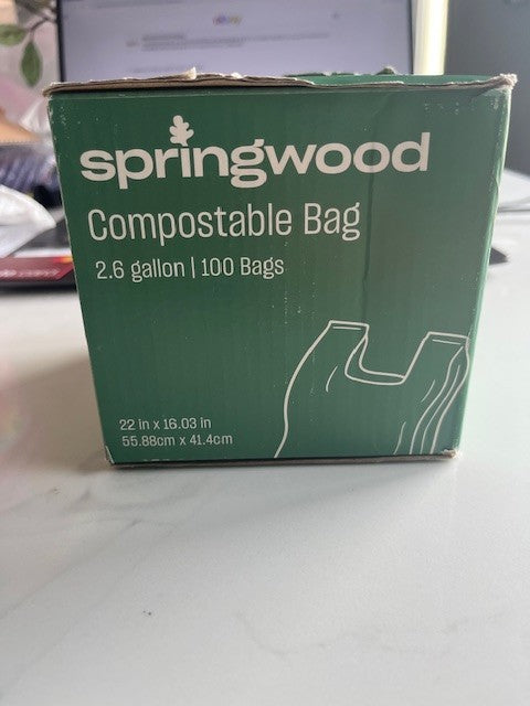 Springwood Compostable TRASH Bags 2.6 Gallon 100-Count 2.6 gal. Green Bags, NIB