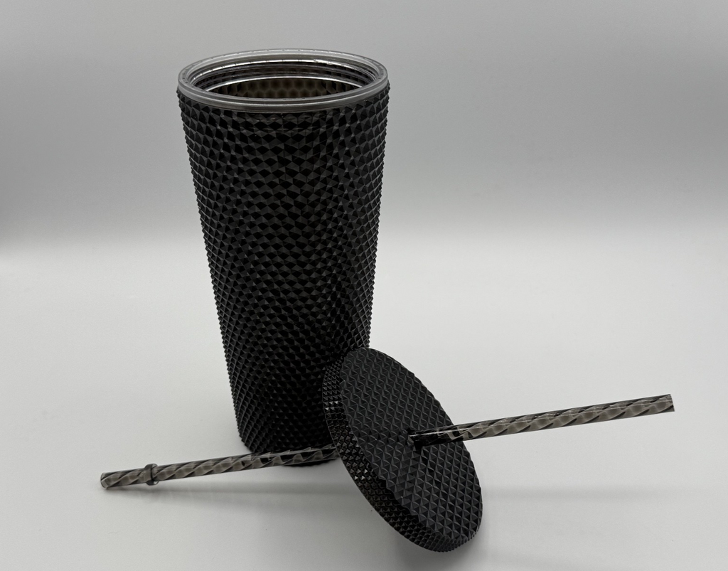 Diamond Studded 24 Ounce Drink Tumbler Black w/ New Straw Double Wall, pre-owned