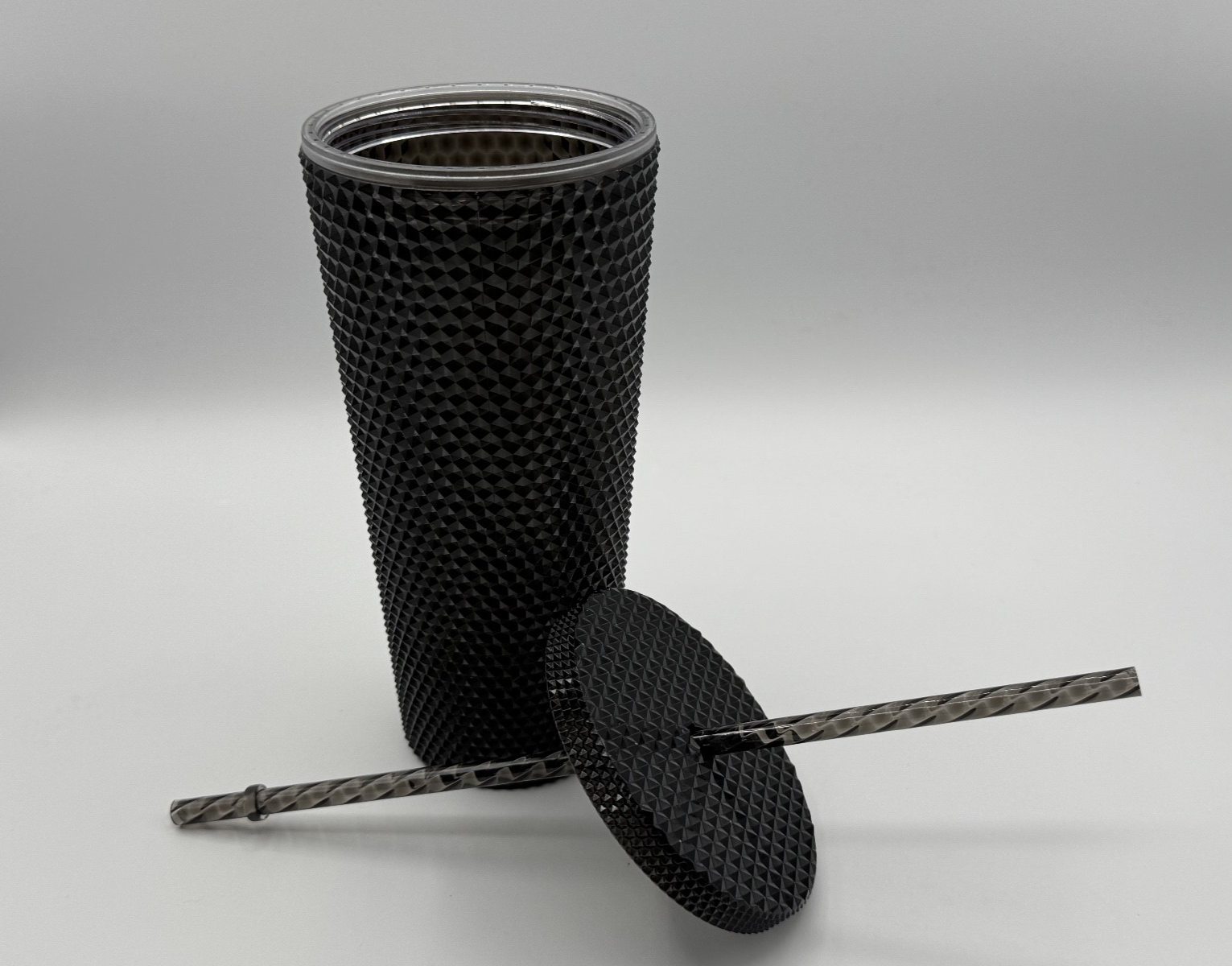 Diamond Studded 24 Ounce Drink Tumbler Black w/ New Straw Double Wall, pre-owned