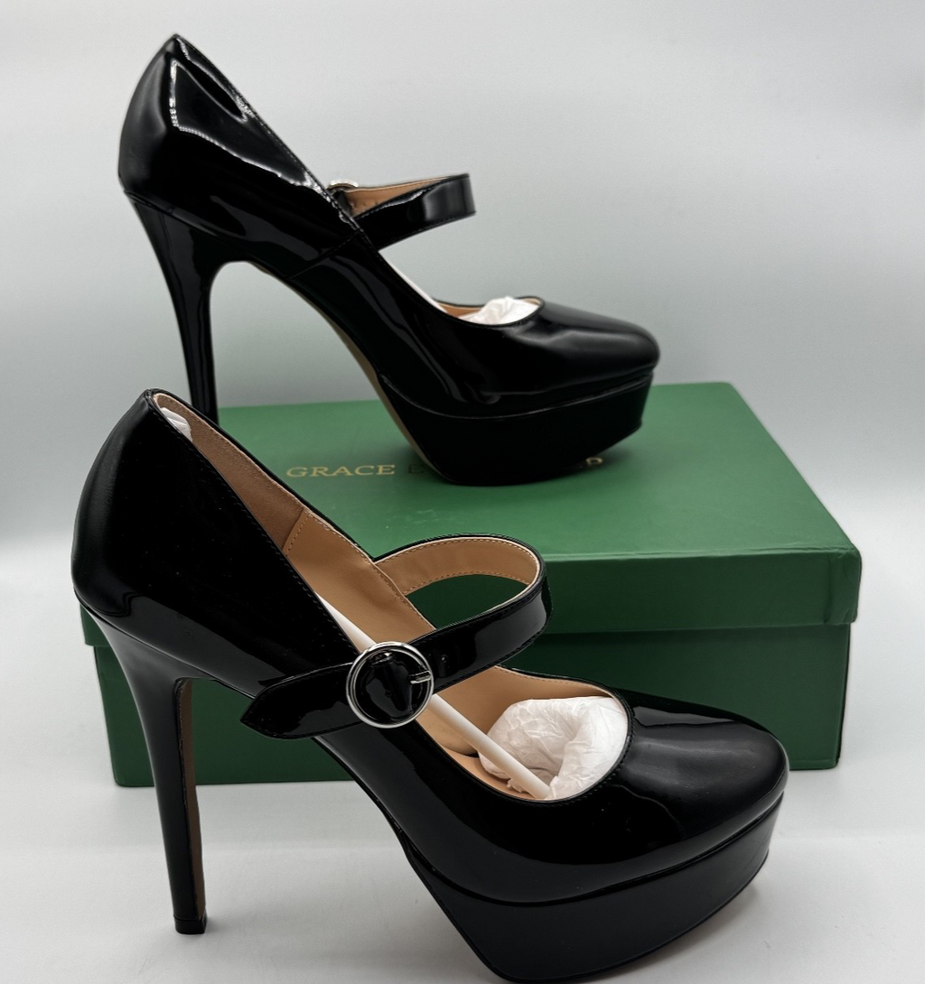 Aachcol Women's Pump Stiletto Heels Black Leather, Mary Jane w/ Buckle Sz 10 NIB
