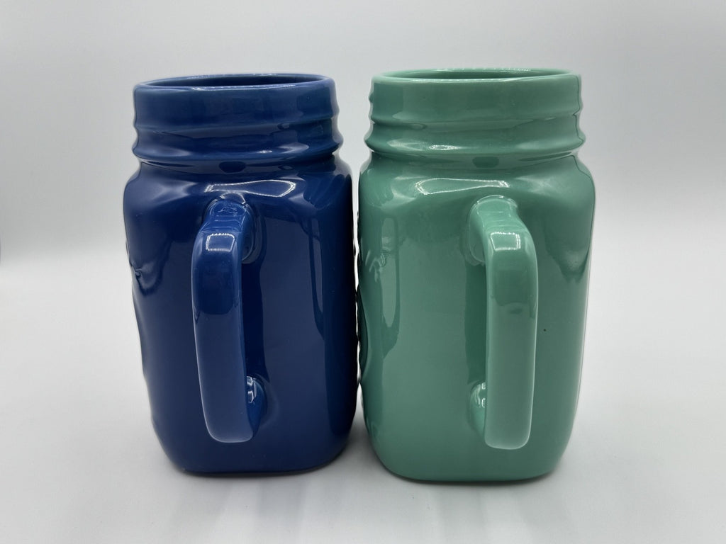 County Fair Glasses Drinking Mason Jar Mug w Rooster Blue Green Farmhouse 2 Pack