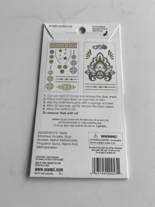 Scunci Get The Look Hair & Body Tattoos 3 Pk, 2 Sheets Per Pk, 6 designs Sealed