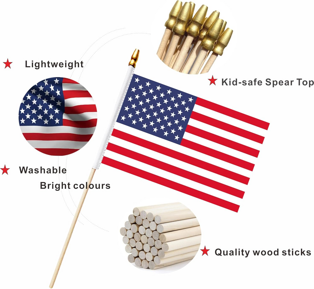 25 Pack Small Mini American Flag on Wooden Stick Miniature Handheld US USA Flags