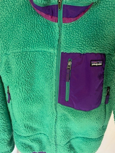 Patagonia Girls Youth Size 12, RETRO-X Sherpa coat, Green/Purple- Pre-owned