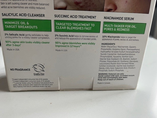 The INKEY List The Breakout 3-Pc Set Acne Skin Acid Treatment Cleanser Serum NIB